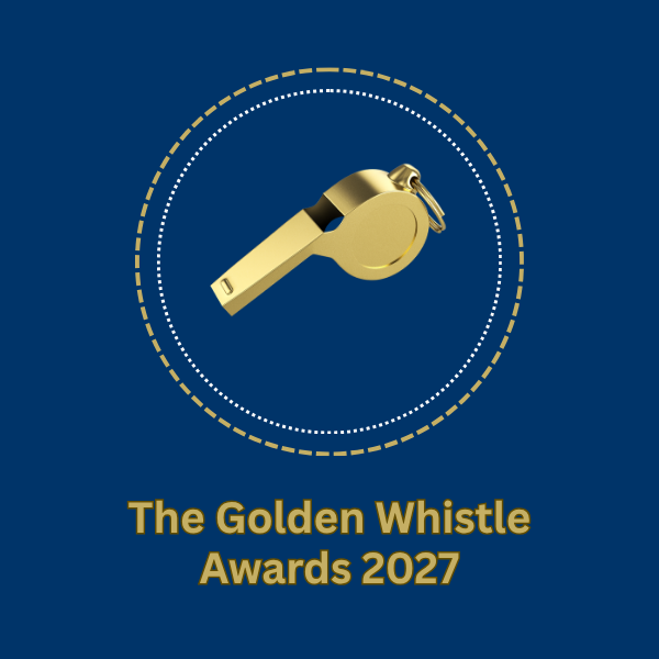 Gold whistle graphic with the words ‘The Golden Whistle Awards 2027’ on a dark blue background.